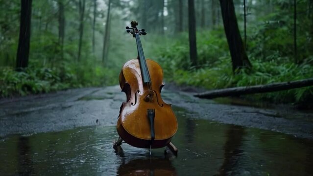 Cello product videography in the woods during rain, Violin on the watery ground of forest, musical instrument in green jungle, cello rain water greenery trees videography mist aesthetic Generative AI 