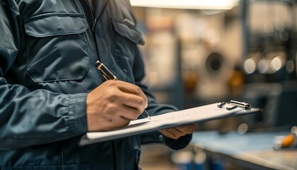 Worker inspecting documents with clipboard in factory