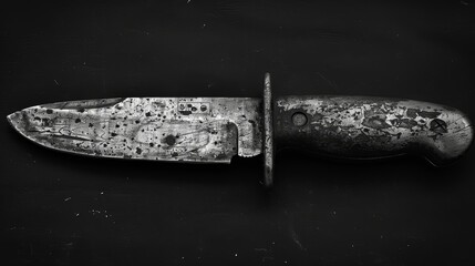 A close-up photograph of a worn and rusted old knife with textured patterns on a dark background, conveying the passage of time and usage