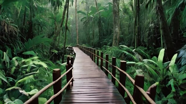 Wooden bridge in the forest, man-made wooden bridge through a dense jungle, wooden bridge in the green woods with pine trees Generative AI