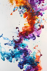 Fototapeta premium Ethereal Dance of Vivid Ink Droplets on White Canvas: Explosive Symphony of Colors in Motion
