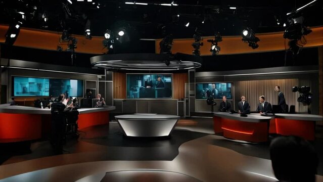 Interior of a news channel presentation room, live talk show news presentation room setup with lights chairs tables cameras cameraman news anchor TV screens monitor guests experts Generative AI