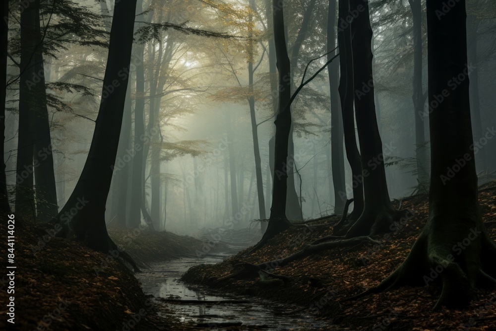 Poster tranquil misty stream winds through a forest with towering trees at dawn