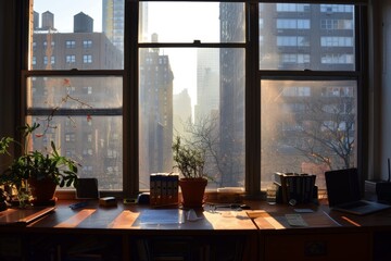 Captivating morning views through office windows, offering a glimpse of serene scenic beauty