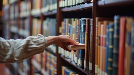 Person selecting a book from a library shelf. Indoor setting with bookshelves filled with books. Focus on hand and book. Education and knowledge concept. Design for poster, banner, or advertisement.