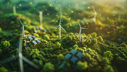 Earth with wind turbines and solar panels for energy