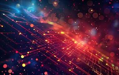 Fototapeta premium Abstract digital illustration of glowing lines and bokeh lights on a dark background. Technology and futuristic concept. Design for wallpaper, poster, banner.