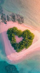 Aerial View of Beautiful Tropical Beach with Pink Sand on Heart-Shaped Island at Sunset