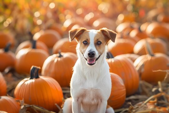 Dog in Pumpkin Patch during Autumn