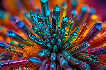 Obraz premium Microscopic Shot of Vitamin C Crystals with Unique Geometric Patterns and Vibrant Refracted Colors