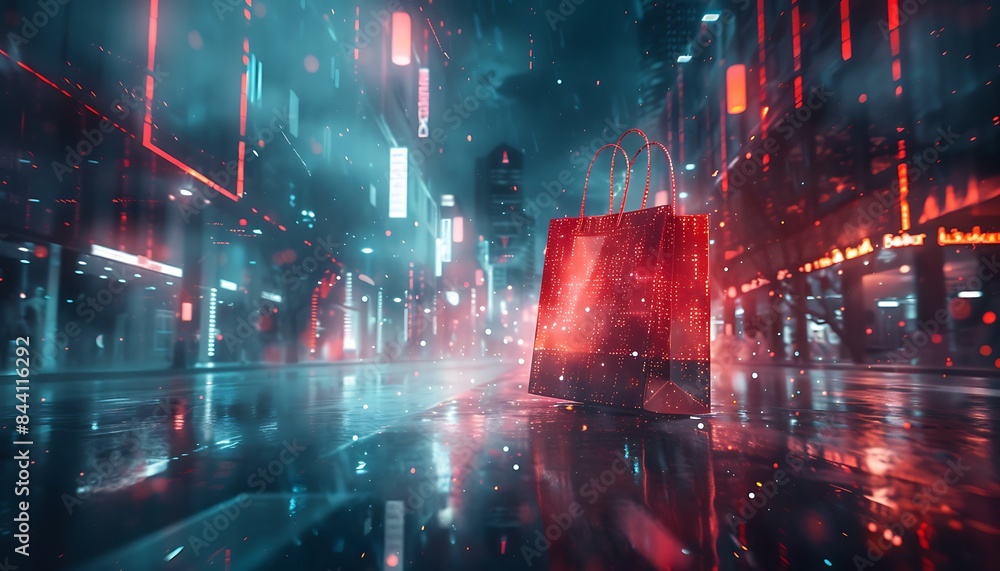 Poster Digital landscape with data stream to virtual shopping