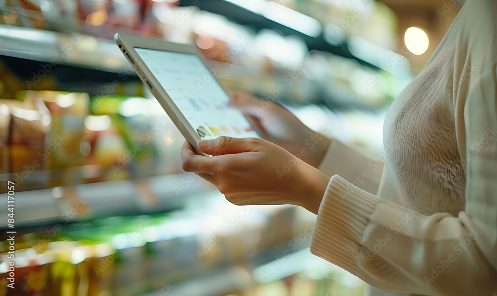 Aufkleber tablet browsing in a retail setting, e-commerce fusion