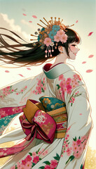 日本画（Japanese painting）／美人画　美女　着物　anime　イラスト 桜