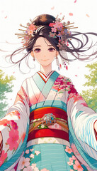 日本画（Japanese painting）／美人画　美女　着物　anime　イラスト 桜