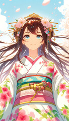 日本画（Japanese painting）／美人画　美女　着物　anime　イラスト 桜