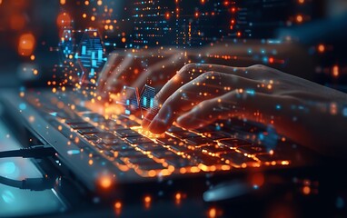 Cybersecurity developer typing with glowing graphics