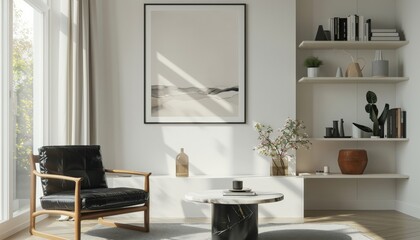 Fototapeta premium Clean, bright minimalist family room with stylish furniture