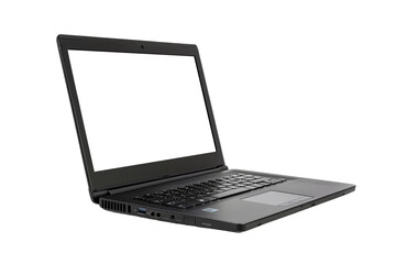 Fototapeta premium A silver laptop sits open on a white background, displaying a blank screenA silver laptop sits open on a white background, displaying a blank screen