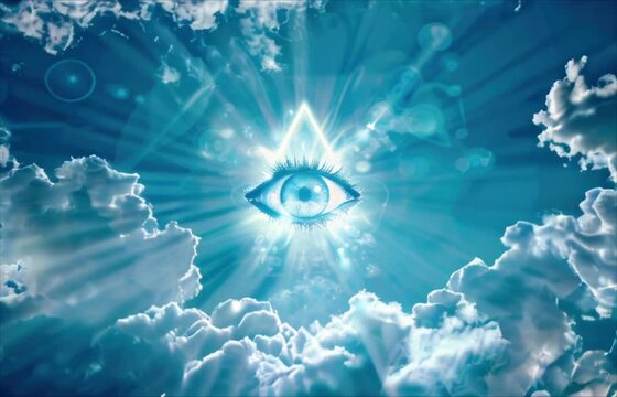 Eye of Providence in the blue sky among clouds. All-seeing God's eye