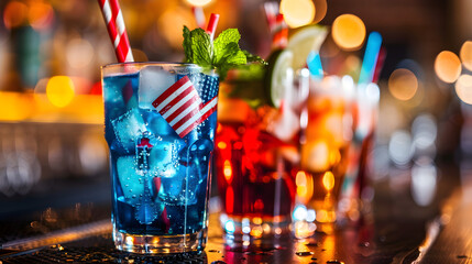 A group of people wearing red, white, and blue visit bars and restaurants on Pub Crawl.