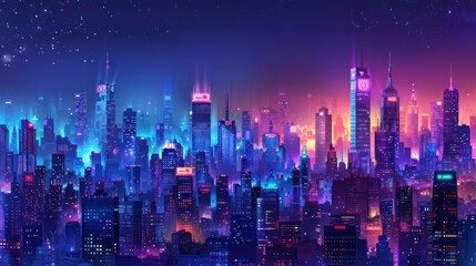 Night city light effect modern technology smart city skyscraper background.