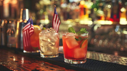 A group of people in red, white, and blue outfits visit various bars and restaurants.