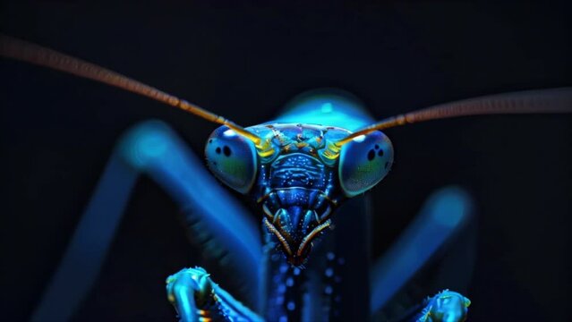 Blue praying mantis close-up image on black background. Face portrait of a beautiful insect