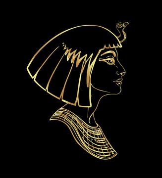 Egyptian queen Cleopatra isolated on white background. Queen of Egypt, was one of the most famous women in history. Hand-drawn vintage vector outline illustration in gold over black. Egyptian sacred