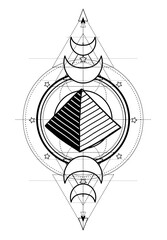 Sacred geometry with egypt symbol. Wings and all seeing eye. Alchemy, religion, spirituality, occultism. Isolated vector illustration. Conspiracy theory. Drawing tattoo art. Coloring book.