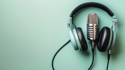 Headphones and recording microphone on soft green background, podcast concept AI generated image