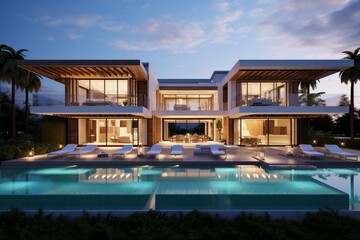 Expansive modern villa with illuminated interiors and a tranquil pool captured at dusk