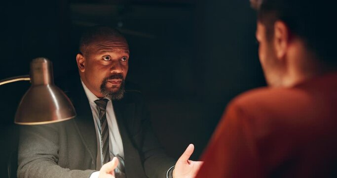 Interrogation, thief and police in jail for statement of fraud, crime or scam for law trial. Questions, investigation and private detective talking to man prisoner for legal justice system interview.
