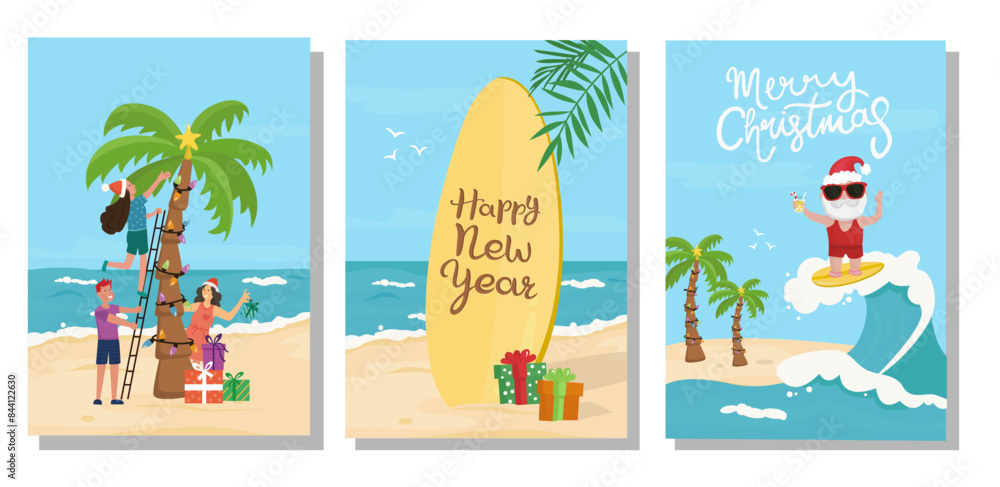 Wall mural set of christmas new year holiday at the beach. tropical vector illustrations.