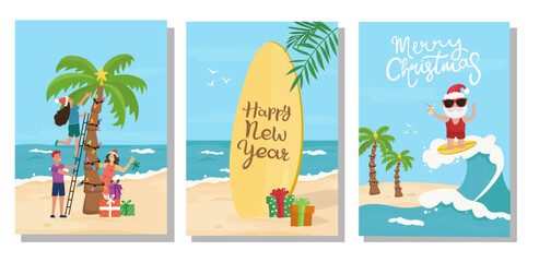 Set of Christmas New Year Holiday at the beach. Tropical vector illustrations.
