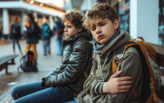 Teenage friends in contemplation at a bus stop