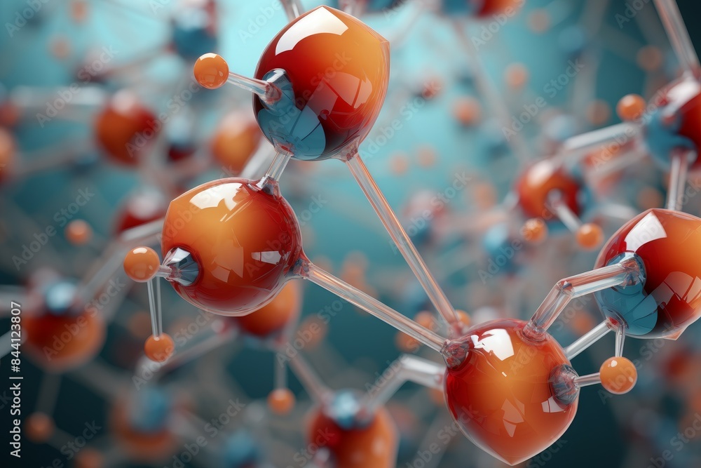 Poster close-up of an intricate 3d molecule model with a blue backdrop, representing scientific concepts