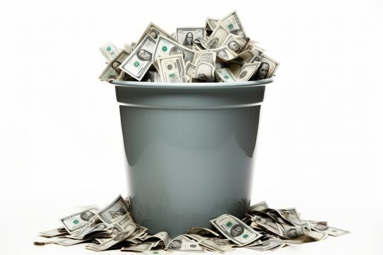 Conceptual image of a gray trash can filled and surrounded by crumpled us dollar bills