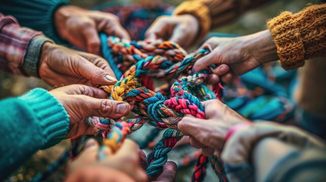 Many peoples hands working together to untangle a knotted rope. Business teamwork