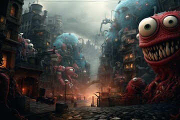 Fototapeta premium Digital artwork of whimsical giant creatures overtaking an atmospheric urban scene