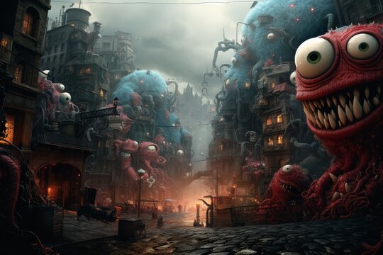 Digital artwork of whimsical giant creatures overtaking an atmospheric urban scene