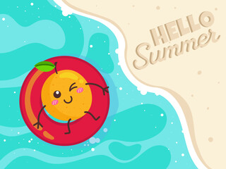 Hello Summer Orange Poster On The Beach With Swim Ring