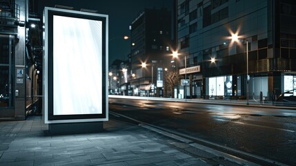 Empty white blank street billboard at night, blank white glowing signboard on roadside in city at night time, Promotional poster mock up