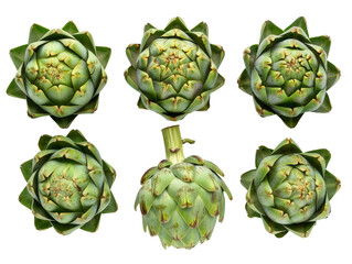 Obraz premium Top view of six fresh green artichokes arranged in a grid pattern, isolated on white background. Perfect for culinary and health projects.