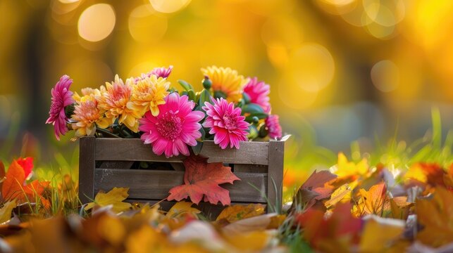 Composition of flowers in a box with yellow foliage on grass against a vibrant backdrop