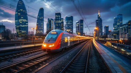 Fototapeta premium Modern high-speed train moving on railway tracks in a cityscape at dusk