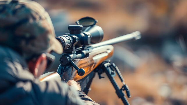 Sharpshooter aiming rifle with precision focus on target, ready to fire with perfect accuracy.