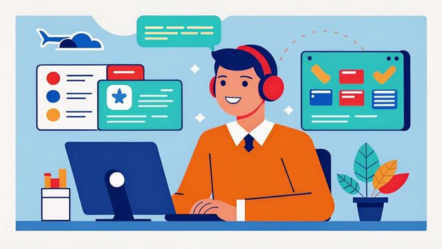 A customer service representative accessing a database of passenger preferences and flight history to provide personalized service.. 2d flat cartoon