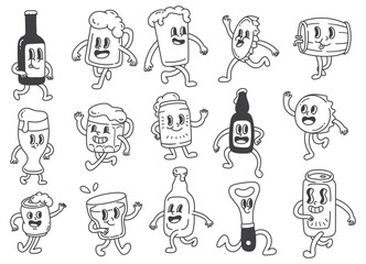 Vintage Cartoon Collection of Beer Bottles, Cans, and Glasses - Retro Style Illustrations with Cheerful Characters for Craft Beer, Brewery, and Beverage Branding