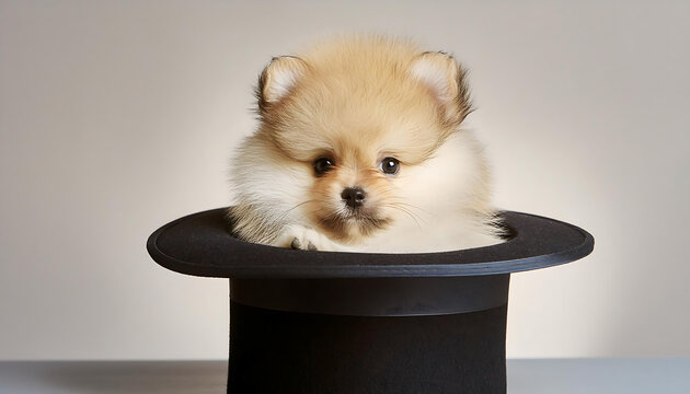 Adorable Pomeranian Puppy Popping Out of a Top Hat