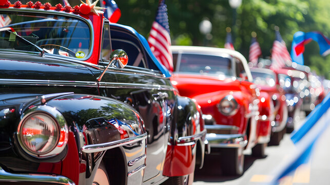 Vintage cars adorned with red, white, and blue decorations in celebration of the Fourth of July.